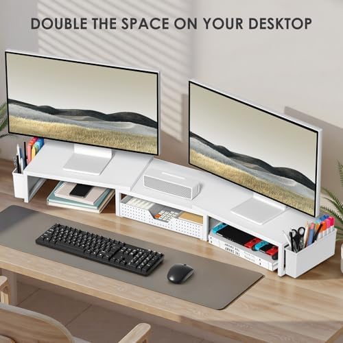 OPNICE Desk Organizers and Accessories, Dual Monitor Stand Riser with Drawer and 2 Pen Holders, Desk Shelf Printer Stand for Office Workspace Organizers, Desktop Organization (White)