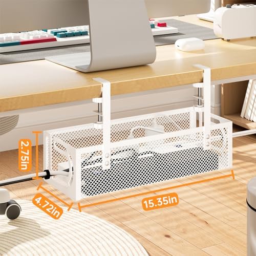Under Desk Cable Management Tray, 15.7'' No Drill Steel Desk Cable Organizers, Wire Management Tray Cable Management Rack (1 Pack-White)