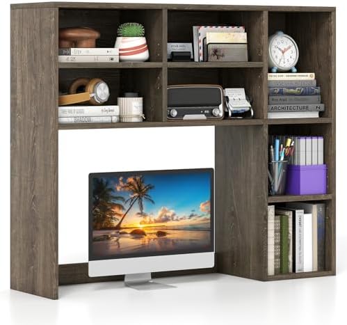 Giantex Desktop Bookshelf, Desk Hutch Dorm w/ 7 Cubes & 3 Adjustable Shelves, Desk Shelf for Up to 27" Computer Monitors, Wooden Desktop Storage Organizer for Dorm College Office Home (Grey Oak)