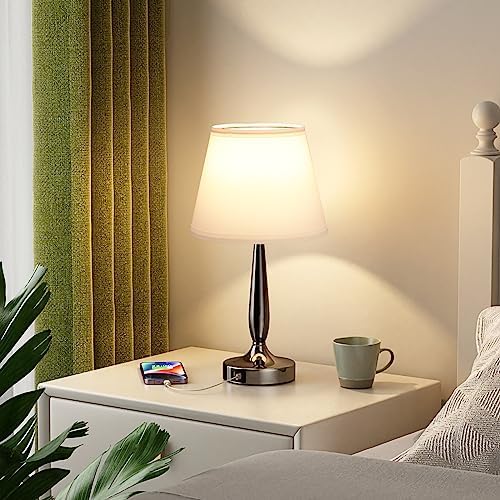 Kakanuo Touch Bedside Lamp for Bedroom with USB C Port, Small Touch Table Lamp with 2 USB Charging Ports, 3 Way Dimmable Nightstand Lamp for Living Room and Office - White (LED Bulb Included)