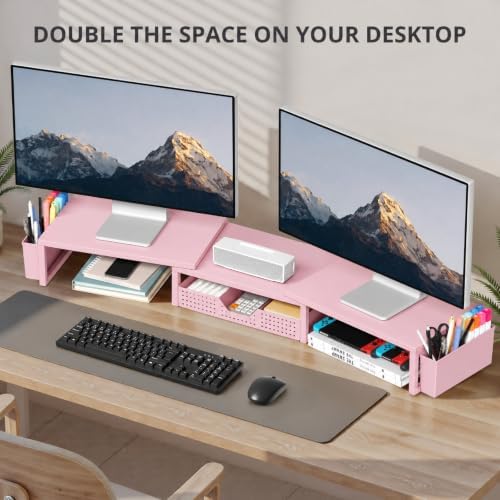 OPNICE Desk Organizers and Accessories, Dual Monitor Stand Riser with Drawer and 2 Pen Holders, Desk Shelf Printer Stand for Office Workspace Organizers, Desktop Organization (Light Pink)
