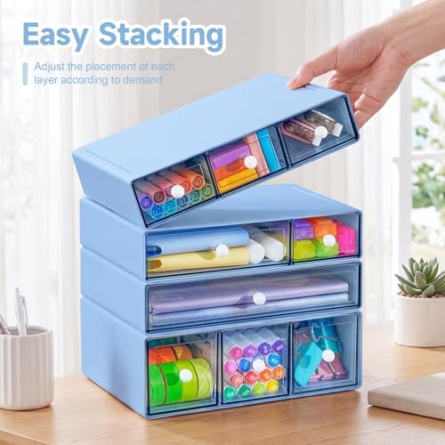 Desk Organizer with 9 Drawers, 4 Tiers Stackable Storage Drawers, Desktop Storage Box with Clear Drawers for Stationery, Makeup, Jewelry, Office and Craft Supplies (Blue)