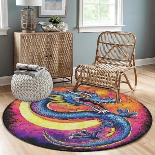 Room Sofa Yoga Soft Round Carpet, Home Decor Non Slip Kitchen Office Circle Rug, Machine Washable Modern Round Area Rug Mystery Dragon Trippy Art, 60inch