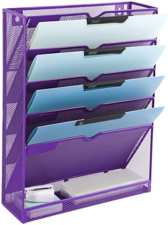EASEPRES 6 Tier Mesh Hanging Wall File Organizer, Desk Vertical Mail Paper Document Folder Holder Rack with Bottom Tray and Nametag Label for Office Home School, Purple
