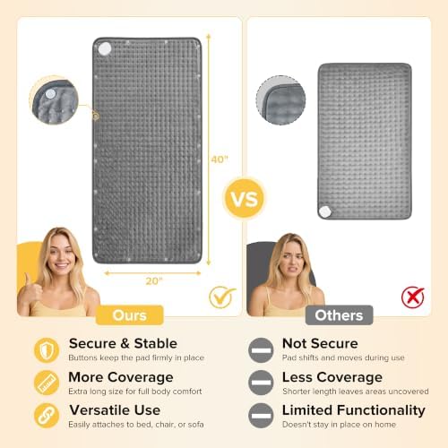 Extra Large Heating Pad for Full Body, 40" x 20" XXXL Electric Heating Pad with 6 Heat Settings, Wearable Button Design Heat Wrap for Back, Shoulders, Hands & Feet, 2H Auto Shut Off, Machine Washable