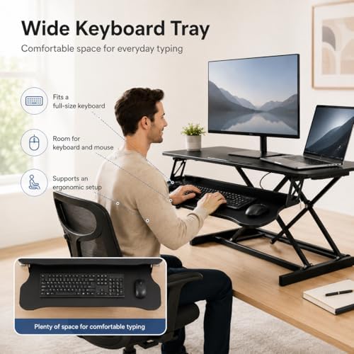 32 Inch Desk Converter, Height Adjustable Stand Up Dual Monitor and Laptop Workstation, Desk Riser for Standing with Wide Keyboard Tray, Standing Desk Topper with Spring Loaded Lift (Black)