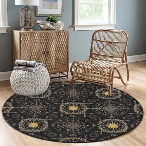 Large Round Area Rug Home Decor Modern Bathroom Rug Kitchen Office Circle Rug for Living Room Sofa Circle Cute Mat Ancient Viking Vegvisir Art Wind Rose Magic Navigation Gold Compass