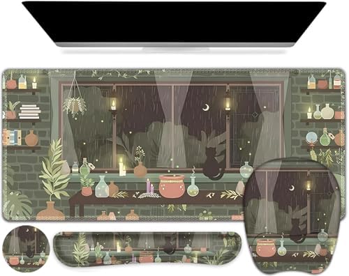 Aesthetics Large Mouse Pad with Wrist Support 4 in1 Set, XXL Big Game Mousepad + Keyboard Wrist Rest + Mouse Wrist Rest Pad +Coaster Gaming Mat for Home Office Computer I Green Plants and Black Cat
