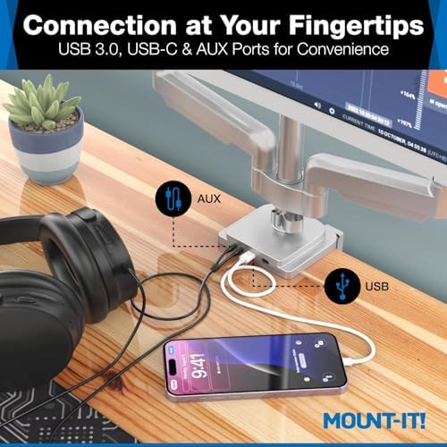 Mount-It! Triple Monitor Mount with Gas Spring Arms, Fits 24–32 Inch Screens, USB & Audio Ports, Full Motion Desk Stand with Tilt, Swivel & Rotation, Heavy Duty Silver 3 Screen Arm with Clamp