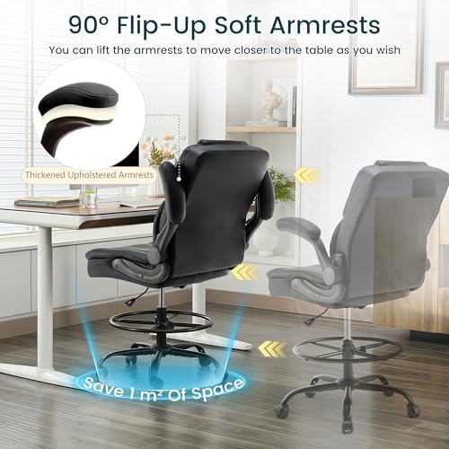 Drafting Chair 500Lbs, Tall Office Chair for Standing Desk, High PU Leather Executive Office Chair with Flip-up Armrests, Ergonomic High Chair with Adjustable Foot Ring, Comfy Stool Chairs, Black