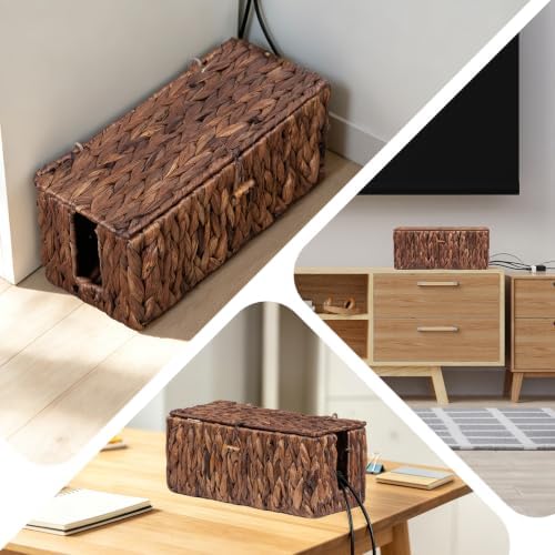 Cable Management Box with Lid, 2Pack Handwoven Real Water Hyacinth Cord Hider Organizer Boxes,2 Side Open Slots Storage Box to Hide Cords Power Strip for Desk, Floor, Office