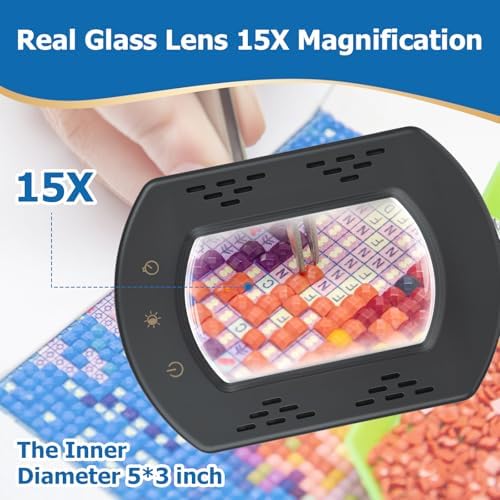 15X Rectangle Magnifying Glass with Light and Stand, Hands-Free Real Glass Lighted Magnifier, Touch Control 5 Color Modes Stepless Dimmable, 2-in-1 LED Desk Lamp with Clamp for Close Work, Reading