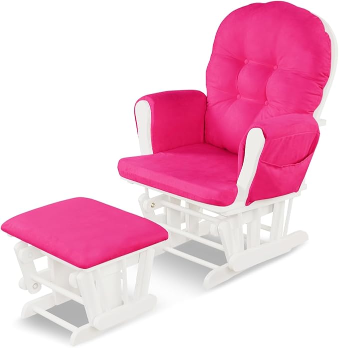 Costzon Nursery Glider with Ottoman, Upholstered Comfort Glider Rocker with Padded Cushion, Storage Pocket, Solid Wood Base, Rocking Chair Nursery for Breastfeeding, Napping (Deep Pink)