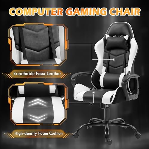 ECOTOUGE White Ergonomic Gaming Chair Massage Lumbar Rocking High Back