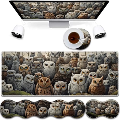 4 in 1 Mouse Pad Combo, Large Gaming Mouse Pad + Keyboard Wrist Support + Mouse Wrist Rest + Coaster, Table Pad 31.5 "x 11.8" with Memory Foam Ergonomic Wrist Pad Set, Many Owl