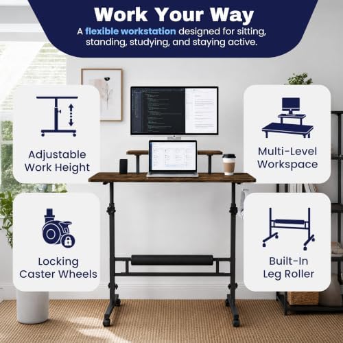 Small Rolling Desk with Wheels, Adjustable Height 27"-43.3" Portable Standing Desk, 31.5"x15.7" Tabletop, Mobile Laptop Computer Table for Home Office Workstation, Rustic Brown