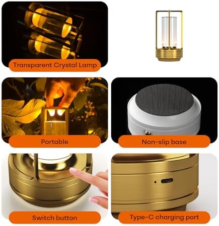 Portable Metal Table Lamp for Indoor/Outdoor ,Rechargeable Cordless LED Lamp, 3-Colour Infinitely Dimming Battery Powered Small Desk Lamp, Restaurant/Bedroom/Bar/Coffee/Camping Light (Gold Set of 2)