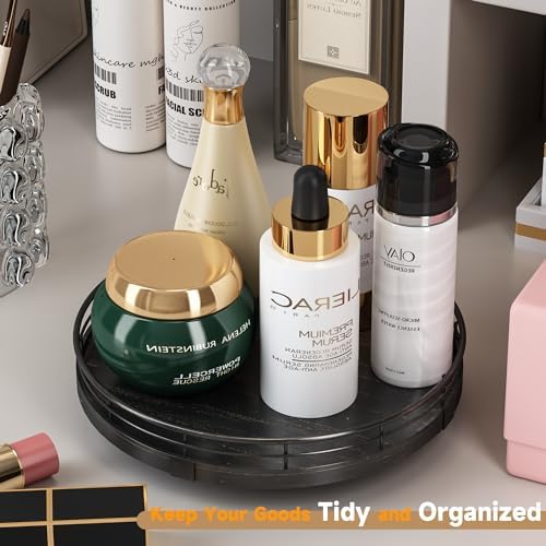 AMH 9-Inch Oak Lazy Susan Vanity Tray with Black Brush Gold Metal Frame