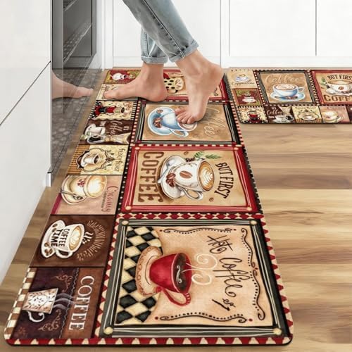 Coffee Anti Fatigue Kitchen Mats, 17.3"x47"+17.3"x29", Brown