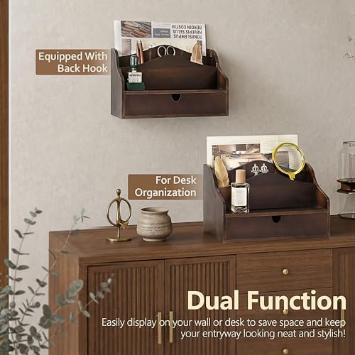 Rebee Vision Acacia Wood Mail Organizer for Desk Room Decor, Dark Brown
