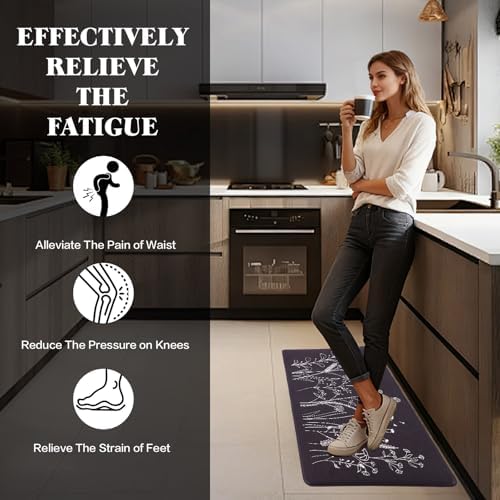Mirok Washable Anti Fatigue Mat for Cushioned Floor Mats,Floral Plants Non-Skid Ergonomic Comfort Foam Rugs,Non Slip Kitchen Rug(Flowers/Grass,17"x29")