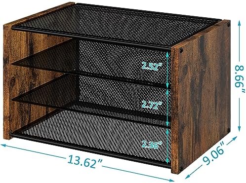 DAOUTIME 3-Tier Paper Letter Tray, Wooden Desk File Organizer, Stackable Metal Mesh Desk Organizer for Office Supplies. Small Paper Trays for Home Office School, Rustic Brown