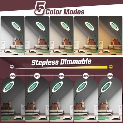 10X Magnifying Glass with Light and Stand, 5 Color Modes Stepless Dimmable LED Lighted Desk Lamp, Hands Free Flexible Gooseneck Magnifier with Light for Craft Hobby Painting Close Work - Green