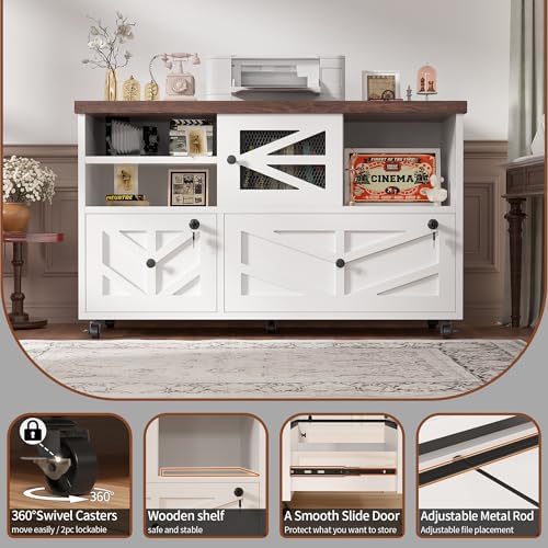 White Lateral File Cabinet with Lock, 2 Drawer Rolling Filing Cabinet for Home Office, Mobile Storage Cabinet with Open Shelves & Sliding Door, Fits Legal/Letter/A4 Files, Herringbone Design