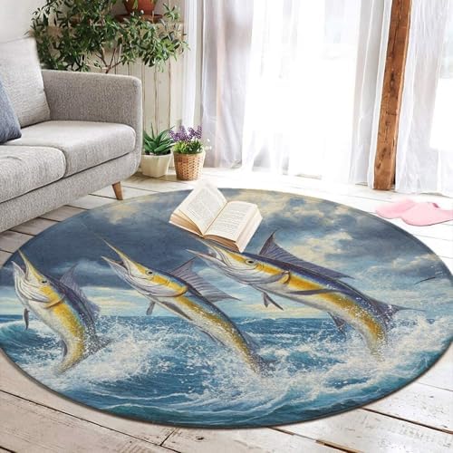 Home Decor Non Slip Kitchen Office Circle Rug, Machine Washable Modern Round Area Rug, Room Sofa Yoga Soft Round Carpet Whimsical Fish Painting, 24inch