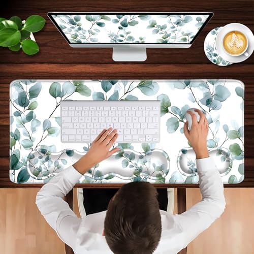 Keyboard Wrist Rest and Mouse Pad with Wrist Support Set Ergonomic Coaster,Memory Foam,Easy Typing Pain Relief,Large XL Desk Mat 31.5"x 11.8",Grass Leaves