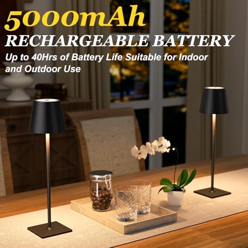 Kakanuo Cordless Rechargeable Table Lamp Black 5000mAh Battery Operated Lamps, 3 Colors Stepless Dimming Touch Lamp for Living Room, Kitchen Counter, Dining, Outdoor Patio, 2 Pack