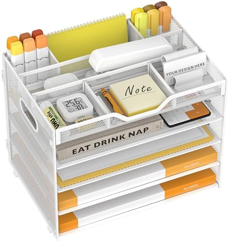 5 Tier Paper Letter Tray Desk Organizer with Pen Holders - White