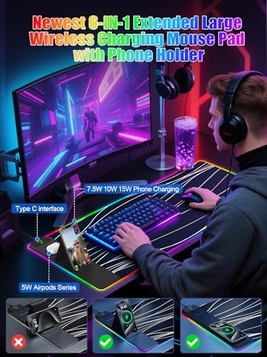 Mouse Pad with Foldable Phone Holder & Wireless Charger, XXL RGB Gaming Mousepad 31.5"x15.8" Large Desk Mat for Keyboard, Black Desk Pad with Dual Qi Charging Station | 11 Colors 5 Modes | Waterproof