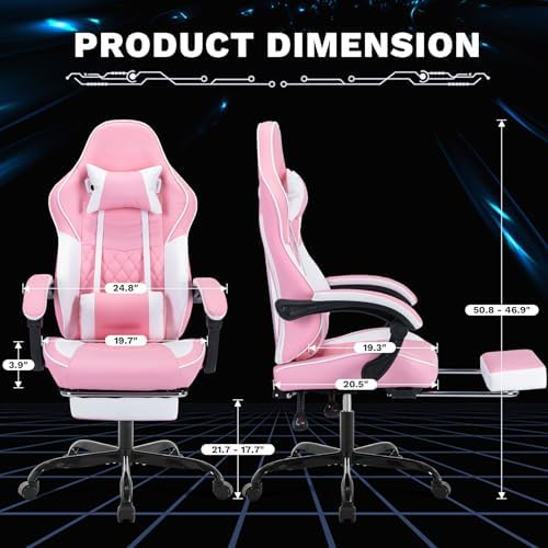Pink Ergonomic Gaming Chair for Adults with Footrest and Massage
