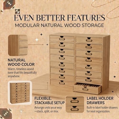 Apothecary Stackable Modular Storage Drawers, Wooden Desktop Organizer for Organization and Decluttering, Multi-Drawer Cabinet for Office Supplies, Crafts, Makeup, Kitchen Counter and Small Spaces