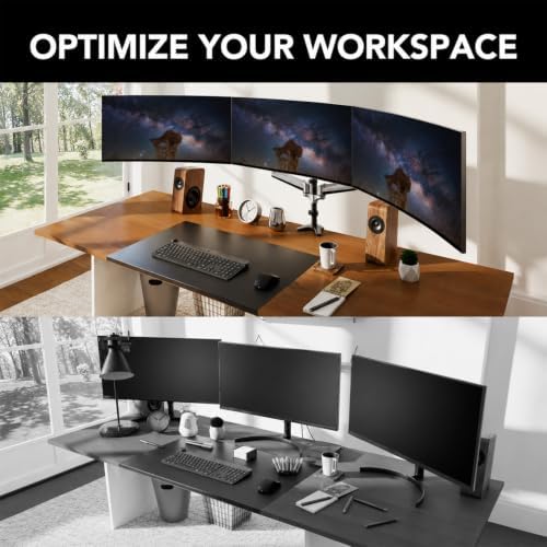 HUANUO Gaming Triple Monitor Stand, Full Motion Articulating Triple Monitor Mount Fit 17 to 32 inch Flat/Curved LCD Computer Screens with Clamp, Grommet Kit, Silver
