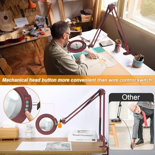 12X Large Magnifying Glass with Light and Clamp, Real Glass, 5 Color Modes, Stepless Dimmable, 2 x 16 Inch Adjustable Swing Arm Stand Desk Lamp, LED Lighted Magnifier Hands Free for Close Work - Red