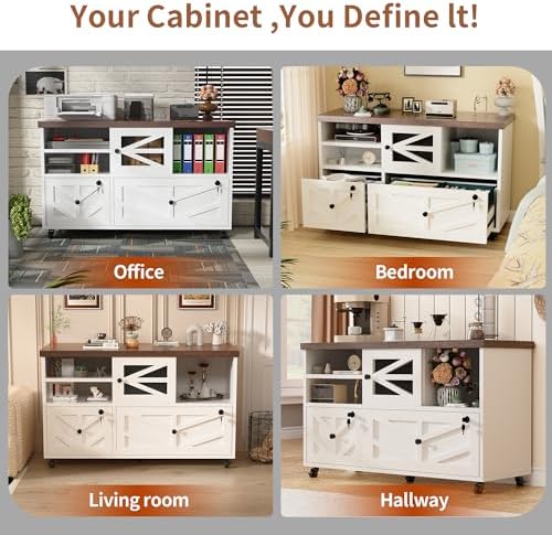 White Lateral File Cabinet with Lock, 2 Drawer Rolling Filing Cabinet for Home Office, Mobile Storage Cabinet with Open Shelves & Sliding Door, Fits Legal/Letter/A4 Files, Herringbone Design