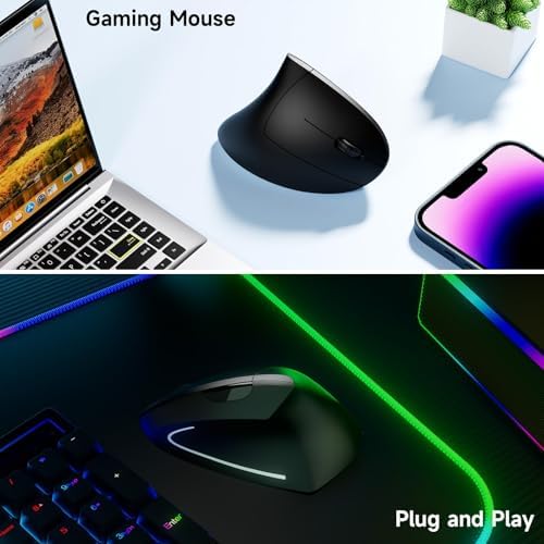 Ergonomic Vertical Wireless Mouse, 2.4G Optical Mouse with USB Receiver, 800-1600 DPI, Silent Click, Battery Powered, 5 Buttons, Stylish Comfortable Mouse for Laptop, PC, Mac, Computer (Black)