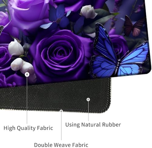 Mouse Pad Combo, Large Gaming Mouse Pad + Keyboard Wrist Support + Mouse Wrist Rest + Coaster, Table Pad 31.5 "x 11.8" with Memory Foam Ergonomic Wrist Pad Set, Purple Roses and Butterflies