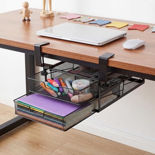 Cedilis Under Desk Drawer Organizer Slide Out, 2-Tier Metal Under Table Storage Drawers Clamp On for Home Office, Black, No Drilling
