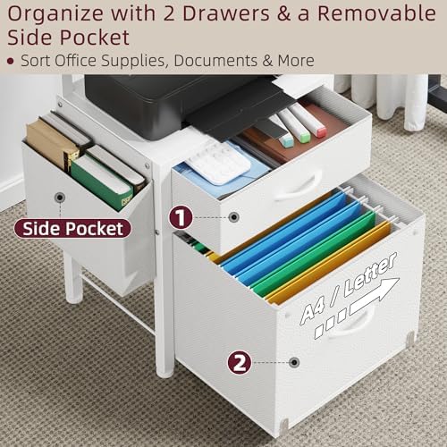 HIGDBFE File Cabinet with 2 Fabric Drawers and Printer Stand, White