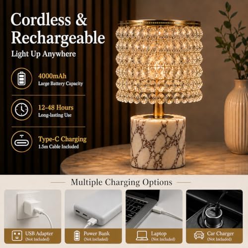 Morlok Marble Lamp with Natural Calacatta Viola Marble Base, K9 Crystal Shade & Gold Metal Frame, 4000mAh Rechargeable Lamp, 12–48H Battery Life, 3-Level Dimming 3000K Warm LED Home Decor Gift