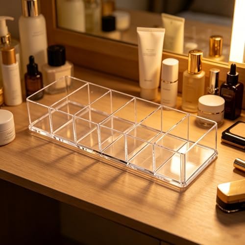 6-Compartment Clear Acrylic Organizer with Detachable Dividers, Eyeshadow Palette & Cosmetic Holder for Vanity Drawer, Cosmetic Station & Makeup Desktop