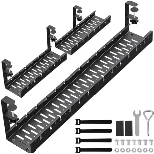 31Inch Extendable Under Desk Cable Management Tray, Black Metal Cable Management Tray Under Desk Cord Management with Clamp, 31 Inch x 4.33 Inch