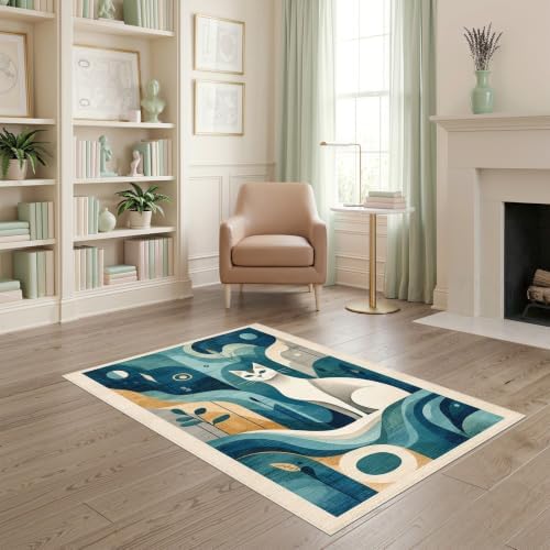 4'x6' Teal Blue Cat Boho Abstract Design Washable Area Rug