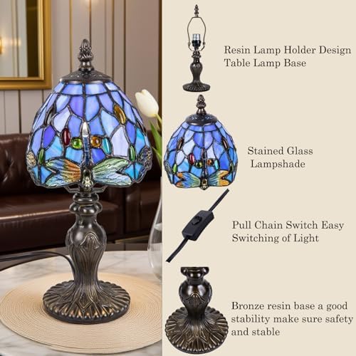 Small Tiffany Table Lamp, 3 Color-Temperature Dragonfly Stained Glass Lamp,6 Inch Tiffany Style Lamp for Bedroom Living Room Home, Handcrafted Light, Included Bulb (Blue)