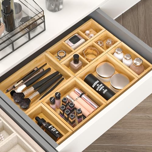 Bamboo Drawer Organizer, Set of 9 Wood Kitchen Junk Tea Desk Office Tray, Wooden Storage Boxes Organizers for Bathroom, Office (2" H 9 Boxes)