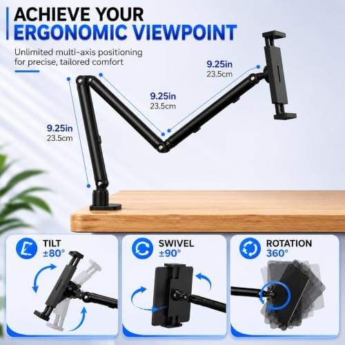 C-Clamp Tablet Mount with 30" Long Arm, Heavy Duty iPad Desk Stand for 4.7-15.6" iPad Pro/Air/Mini, iPhone, Samsung Galaxy Tab, Portable Monitor, 360° Swivel Holder for Office/Kitchen/Bedside