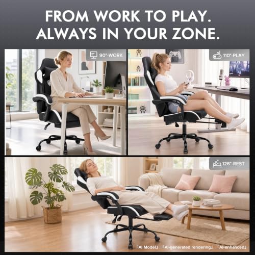 GTPLAYER Gaming Chair with Footrest Computer Gaming Chairs for Adults White